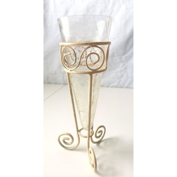 Crackle Glass Vase in a Metal Frame Vintage - Picture 6 of 7